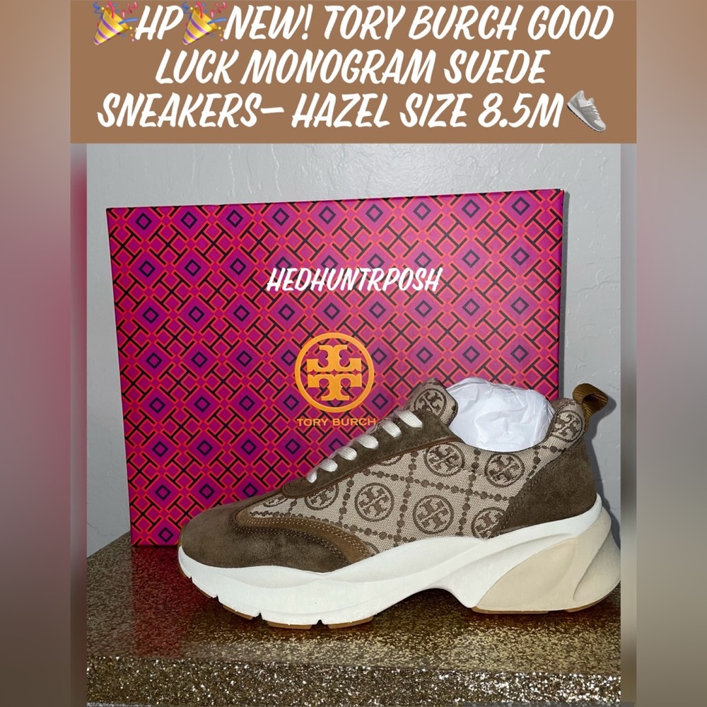 🎉HP🎉New! Tory Burch Good Luck Monogram Suede Sneakers- Hazel Size 8.5M👟 - Picture 9 of 9